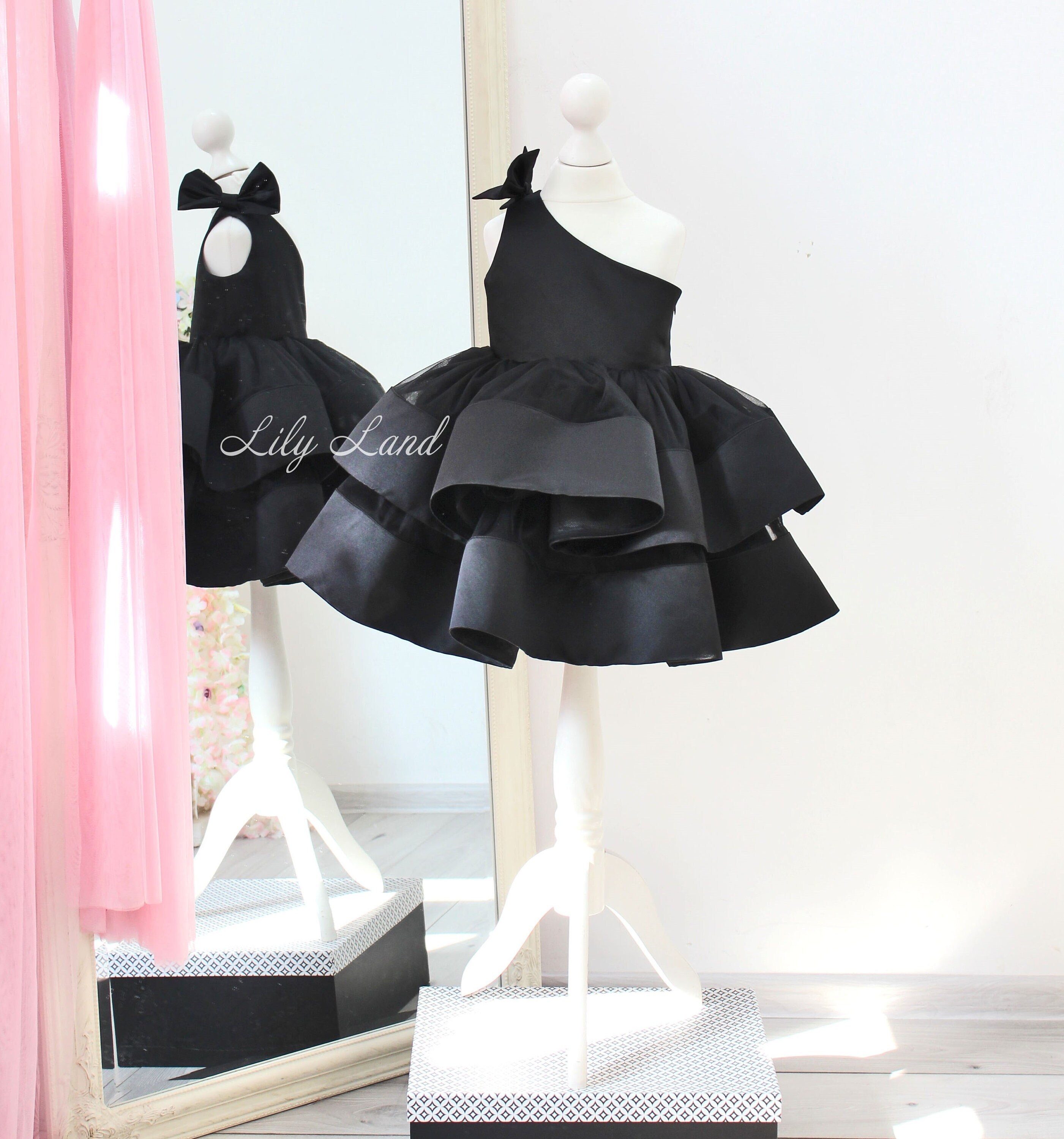 Black Baby Girl Birthday Dress, One Shoulder First Puffy Photoshoot Middle Calf Length Toddler Dress
