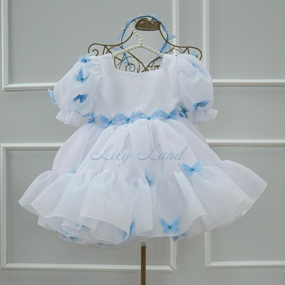 White Blue Butterfly Birthday Baby Dress, Flower Girl, First Communion, Puffy Toddler Pageant Prom Gown, Special Occasion Wedding Dance Wear
