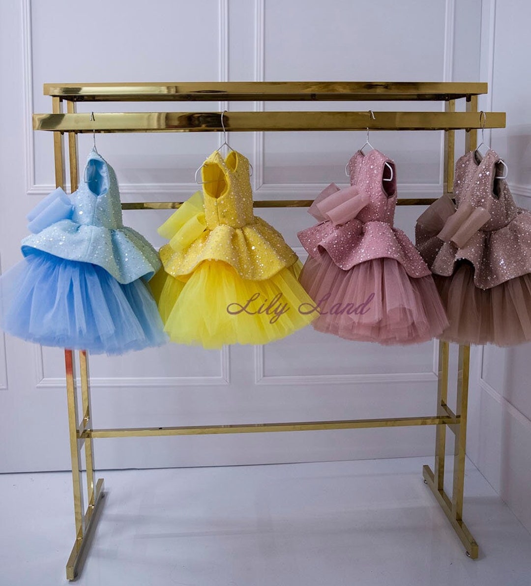 Sparkling Birthday Party Girl Dress, Blue Flower Girl Dress, Toddler