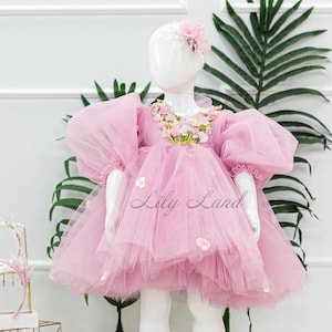 Pink Floral Tutu Birthday Party Dress, Baby Tulle Photoshoot Outfit,Flower Girl Prom Pageant Gown, Special Occasion Toddler Bridesmaid Dress