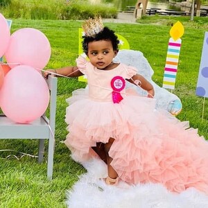 Flower girl dress, wedding baby dress with train, junior bridesmaid dress, birthday baby dress, ball girl dress, hi lo puffy girl dress