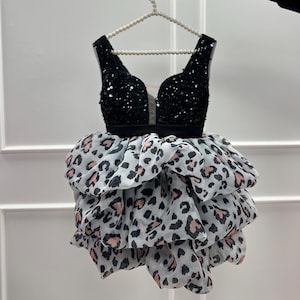 Black Animal Print Junior Bridesmaid Flower Girl Dress, Birthday Party Baby Dress, Prom Ball Dance Gown, Wedding Princess Look, Graduation