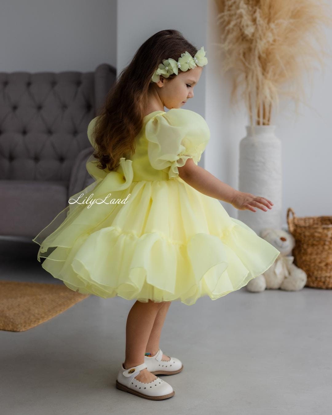 Vestido de fiesta de cumpleaños amarillo claro, vestido de tul con