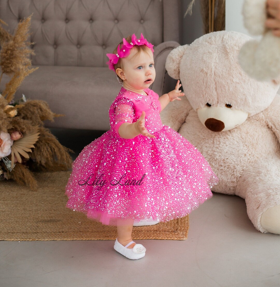 Hot Pink Birthday Baby Girl Dress, Sparkling Flower Girl Dress, Pageant