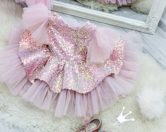 Baby tutu birthday dress, sparkling girl dress, short puffy baby dress, pale pink sequin dress, flower girl dress, first birthday dress