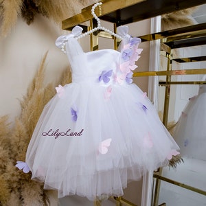 White Tulle Tutu Toddler Dress, Butterfly First Birthday Baby Dress, Flower Girl Dress, Prom Gown, Special Occasion, Smash Cake Photoshoot