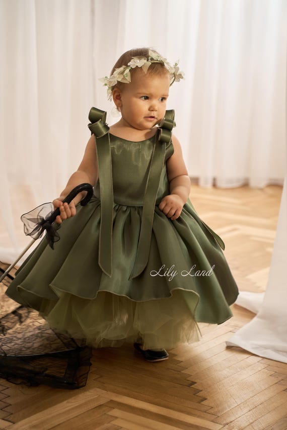 Green Organza Flower Girl Prom Gown, Birthday Party Dance Dress, Special Occasion Baby Dress, Communion, Bridesmaid Wedding Guest Wear