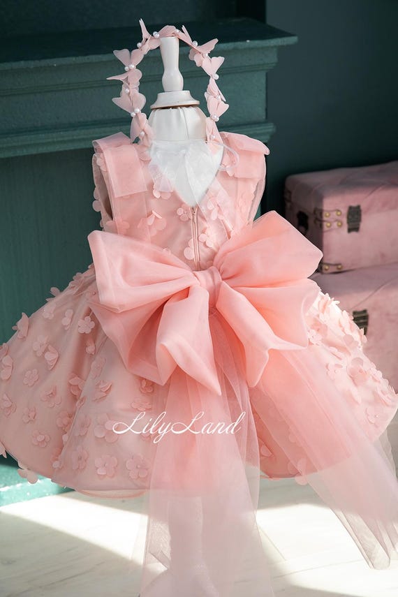 Peach Floral Birthday Baby Dress, Wedding Guest, Flower Girl Dress, Prom Graduation Gown, Photoshoot Princess Look, Bridesmaid Outfit