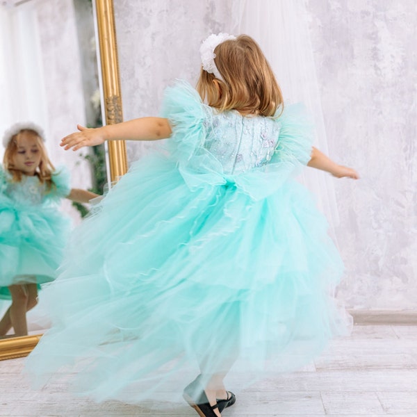 Ready to ship -size 4T- Mint Flower Girl Dress, Lace Birthday Tutu Tulle Dress, Prom Graduation Gown, Special Occasion Pageant Dress