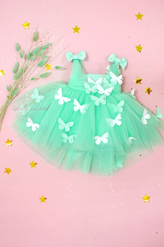 Mint baby birthday dress, butterfly style baby girl birthday dress, flower girl dress with butterflies, first birthday dress, baby butterfly
