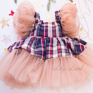 May include: A plaid dress with puffy tulle sleeves and a tulle skirt. The dress is navy blue, red, and white with a plaid pattern. The dress has a "Lily Land" label on the bottom.