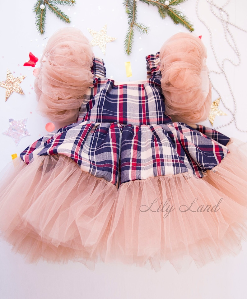May include: A plaid dress with puffy tulle sleeves and a tulle skirt. The dress is navy blue, red, and white with a plaid pattern. The dress has a "Lily Land" label on the bottom.