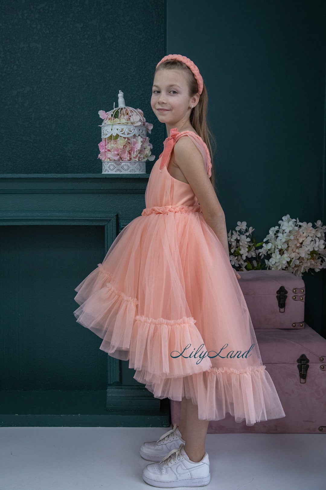 Peach Flower Girl Dresses, Maxi Prom Ball Gown, Ruffled Birthday ...