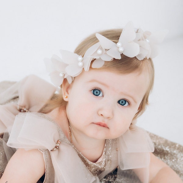 Bandeau papillon pour bébé d’anniversaire, bandeau de fille de fleur, couronne de mariée cappuccino, accessoire de cheveux de bal, casque pour tout-petits avec papillon