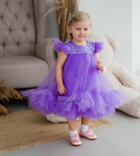 purple toddler dress for wedding Lavender Flower Girl Dress, Off Shoulder Princess Ball Gown, 3D Floral Organza Toddler Wedding Pageant Dress- Lilac Garden