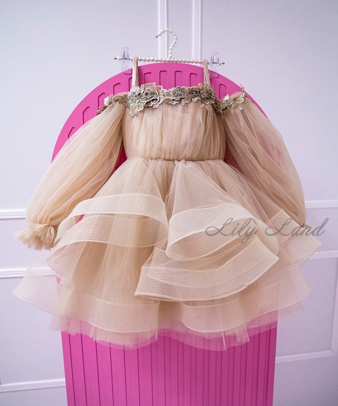 Classy Champagne Patchwork Bow Tulle Kids Long Dress Spring YS041 main image 1