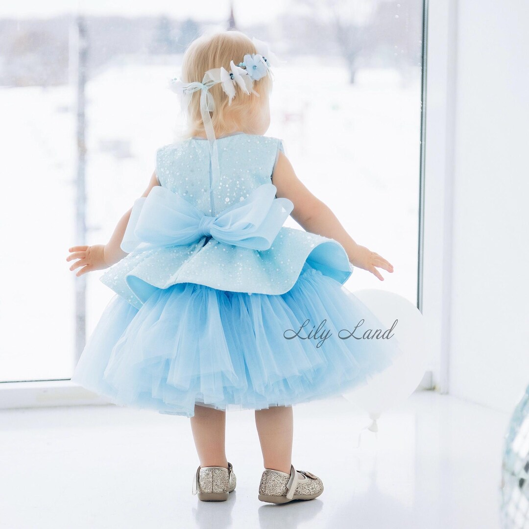 Ready to Ship - Sky Light Blue First Birthday Party Dress, Tutu Baby Sparkling Flower Girl Prom Gown, Special Occasion Smash Cake Photo