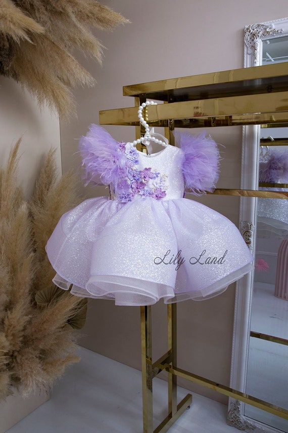 Glitter Lilac Feathers Baby Birthday Dress, Flower Girl Dress Tutu Special  Occasion Princess Sparkling Dress Prom Ball Pageant Gown - Etsy