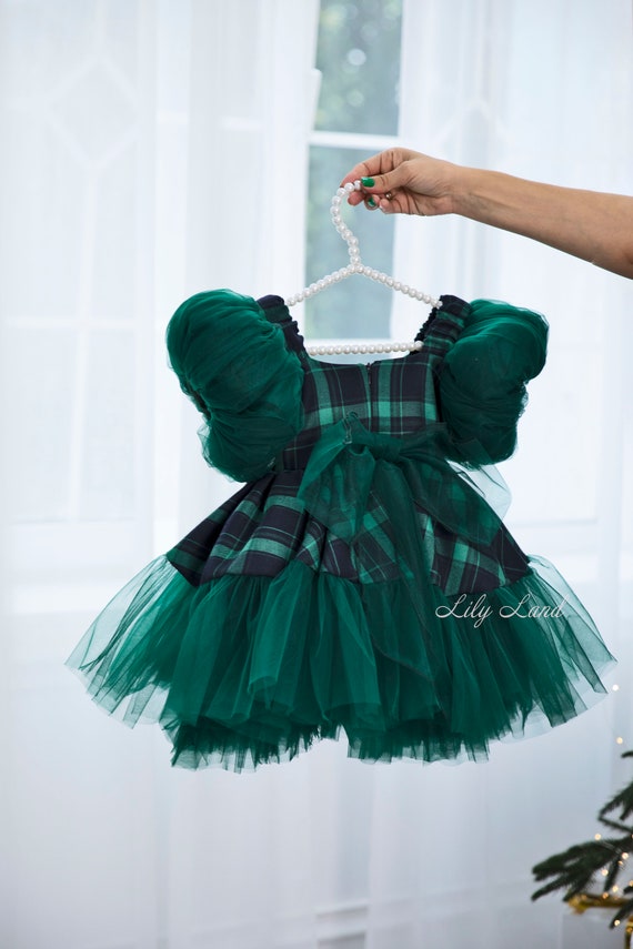 Plaid Christmas Baby Girl Gown, Photoshoot Christmas Dress, Flannel Girl Dress, Short Puff Sleeve, Tutu Toddler Xmas Outfit