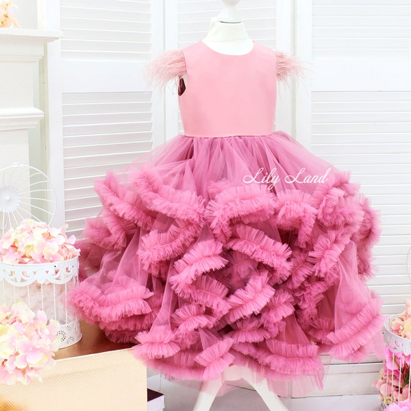 Mauve pink birthday girl dress, flower girl dress, puffy puffy maxi dress, wedding baby dress, photoshoot girl toddler dress