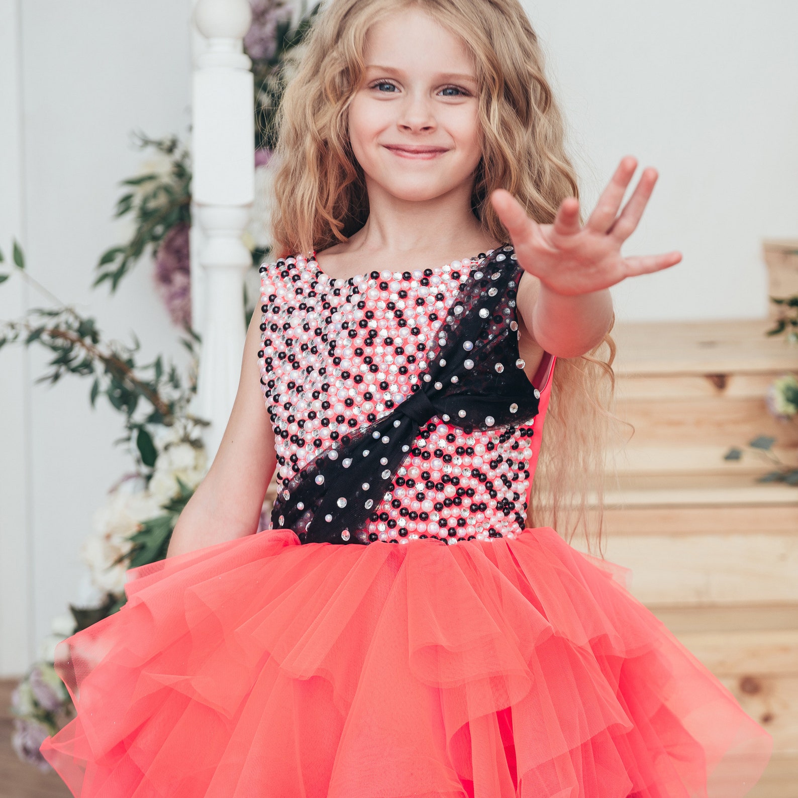 Rosa und schwarzes Mädchenkleid mit Perlen flauschiges Tüll | Etsy