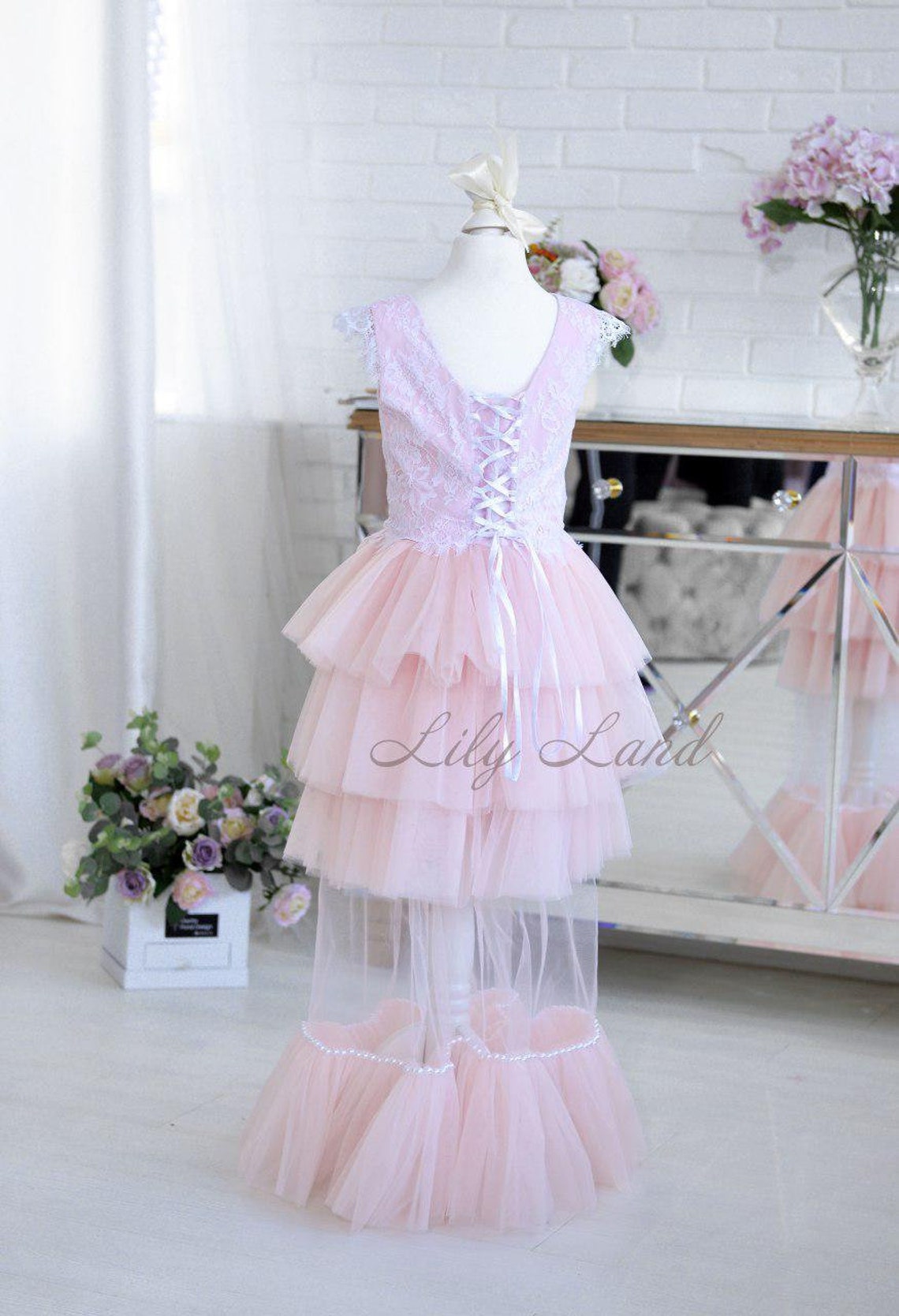Light pink lace flower girls dress birthday party dress short Etsy