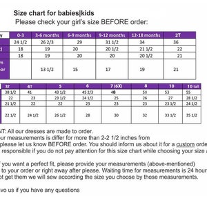 May include: Size chart for baby and toddler girls' clothing. The chart lists sizes from 0-3 months to 10 tall and includes measurements for height, bust, waist, and length from waist to floor. The chart is printed on a white background with purple text and borders.