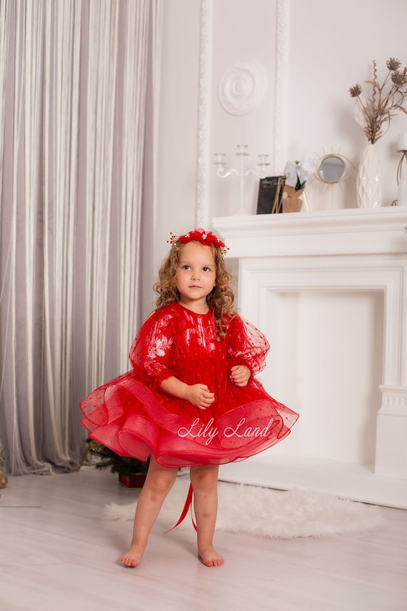 Red Prom Ball Gown Special Occasion Short Puffy Tutu Toddler Baby Girl Pageant Dress, Birthday Party Dress, Long Sleeve, Flower Girl Dress
