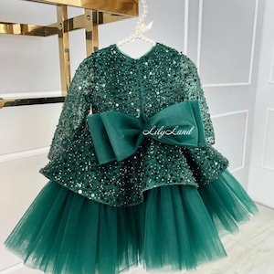 Emerald Green Sparkling Xmas Dress, Flower Girl Dress, Prom Gown, Long Sleeve Toddler Pageant Dress, First Birthday Dress, Special Occasion