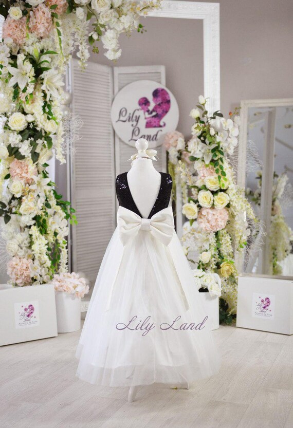 black and white flower girl dress