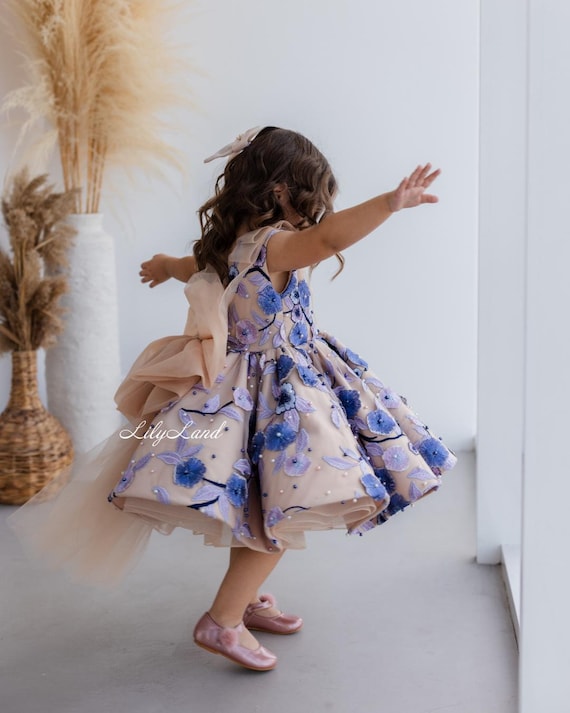 Beige Floral Birthday Baby Dress, Wedding Guest, Flower Girl Dress, Prom  Graduation Dance Gown, Photoshoot Princess Look, Bridesmaid Outfit
