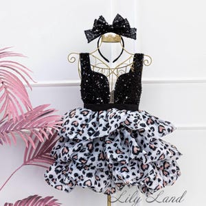 Black Animal Print Junior Bridesmaid Flower Girl Dress, Birthday Party Baby Dress, Prom Ball Dance Gown, Wedding Princess Look, Graduation