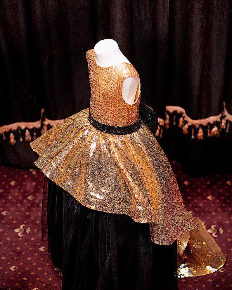 Gold sparkle dress for girl sequined dresses gorgeous flower girl gold dress glitter girls dress gold and black dress with train open back