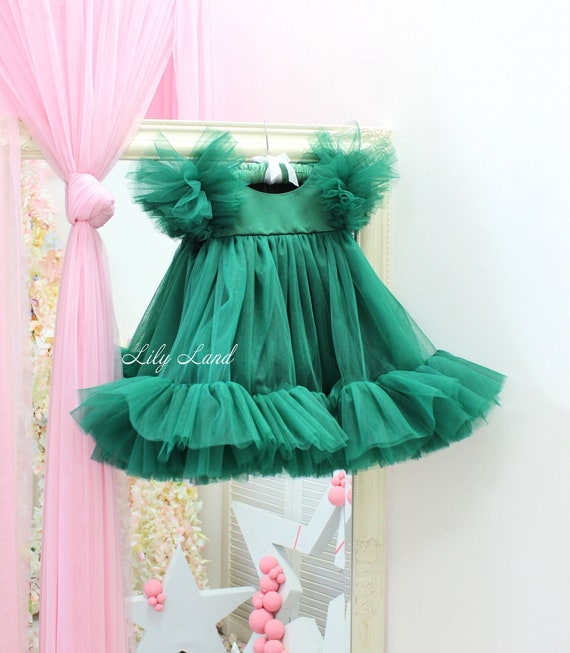green emerald velvet dress Green Tulle Short Prom Dress, Green A-Line Short Sleeve Party Dress US 2 / Custom Color main image 1