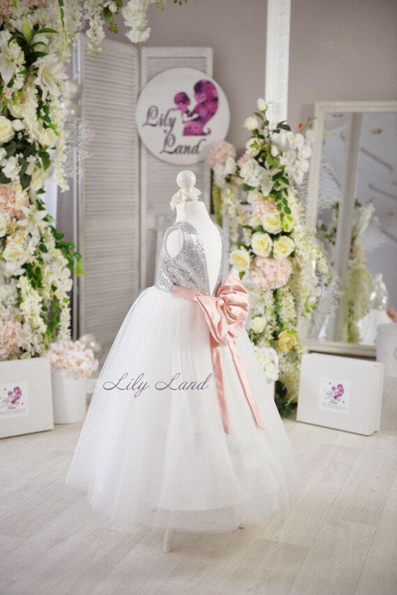 pink and silver flower girl dress