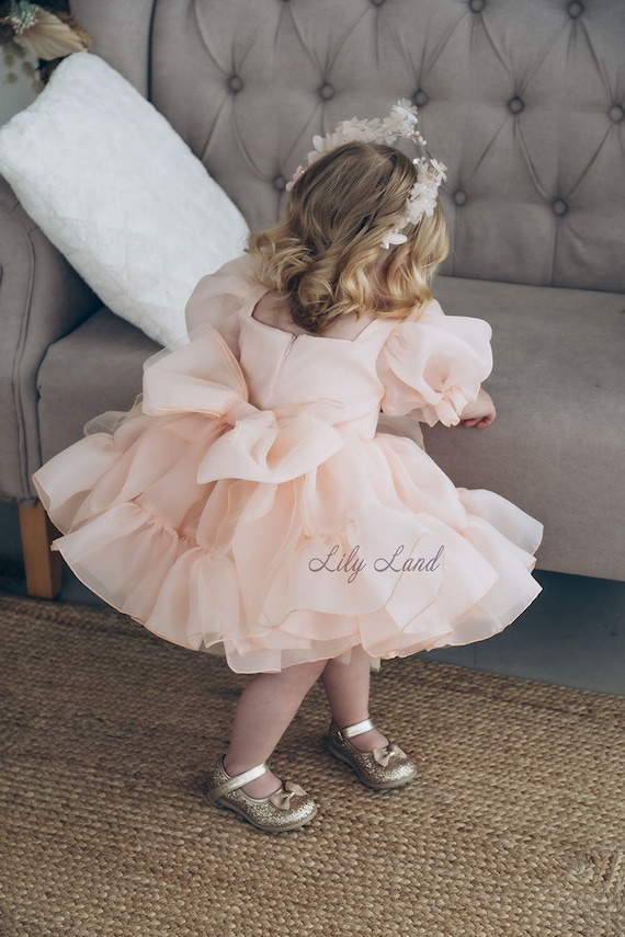 READY TO SHIP, Peach Birthday Party Dress, Pageant Special Occasion Dress, Flower Girl Dress, Wedding Guest Prom Ball Gown Dress