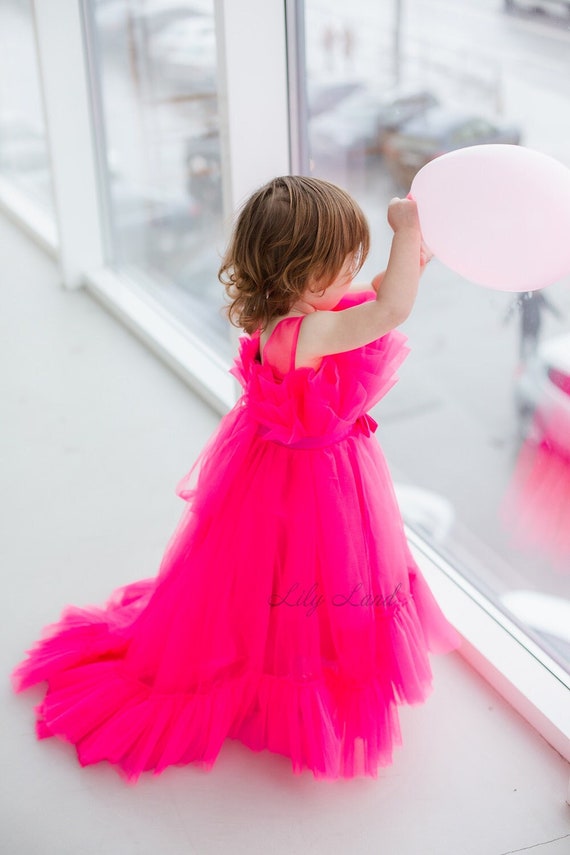 READY TO SHIP Size 12 18 Hot Pink Flower Girl Dressnwith Train Birthday Party Girl Dress Prom Ball Gown Ruffles Tulle Infant Dress Etsy UK