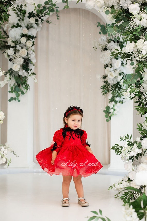 Red Baby Girl Tutu Dress Whith Black Lace, Baby Wedding Guest, Birthday Party Dress, First Birthday Special Occasion Toddler Baby Dress
