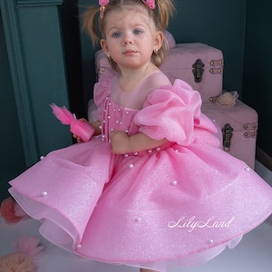 Abito rosa per la festa del primo compleanno, abito tutù con perle per bambina, abito corto e gonfio per bambina, abito da invitata a nozze, abito da damigella d&#39;onore, concorso per bambini piccoli