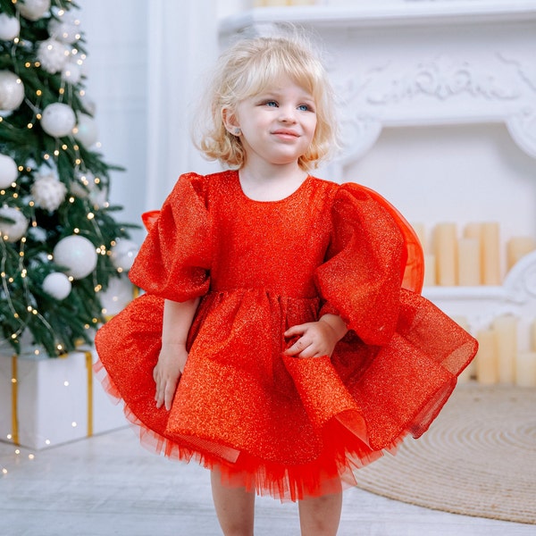 Red Glitter Birthday Baby Girl Dress, Christmas Toddler Dress, Tutu Sparkling Baby Dress, Long Puffy Sleeve, Big Bow, Photoshoot Xmas Gown