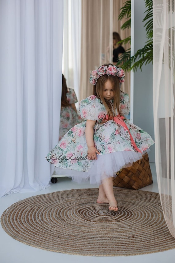 Floral Organza Baby Girl Dress With Train First Birthday Party Dresses Toddler Flower Girl Dress Smash Cake Photoshoot With Flowers Print Etsy UK