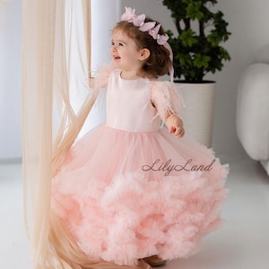 Sukienka Puffy Pageant, Sukienka dla dziewczynki do sypania kwiatów, Rękaw z piór, Specjalna okazja, Sukienka do sesji zdjęciowej, Mini druhna dla małej druhny, Suknia balowa dla księżniczki