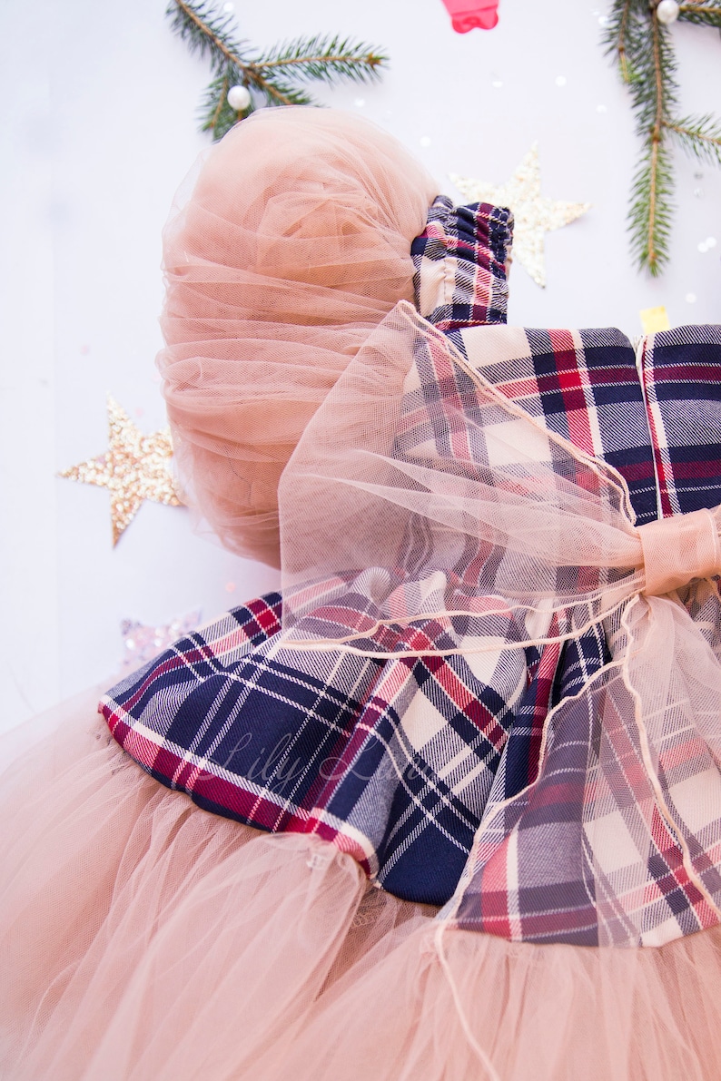 May include: A plaid dress with a tulle skirt and a large tulle bow. The dress is in shades of red, blue, and white.