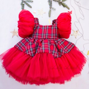 May include: Red plaid dress with a tulle skirt and puffy sleeves. The dress has a red and green plaid pattern and is decorated with a tulle skirt. The sleeves are puffy and made of a sheer fabric.