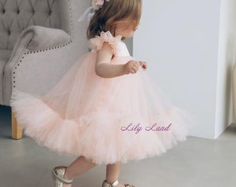 READY TO SHIP - Peach 1st Birthday Dress, Short Puffy Baby Dress, Pageant Tutu Toddler Dress, Prom Dance Gown, Flower Girl Wedding Dress