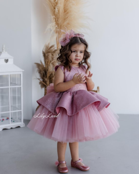 Dusty Rose Sparkling Birthday Party Baby Dress, Flower Girl Dress, Tutu Glitter Pageant Prom Gown, Puffy Graduation Dance Photoshoot Dress