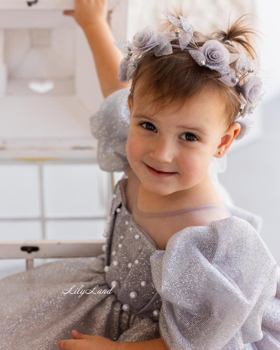 Silver Flower Baby Flower Girl Headband, Birthday Party Cute Hair