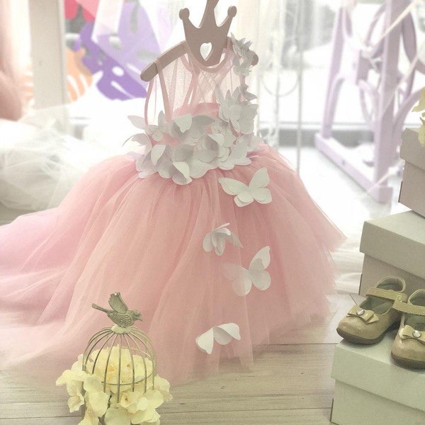 Baby dress butterflies, first birthday butterflies theme party dress,butterfly tutu,fluffy formal pink dress,3D butterfly, fancy tulle dress