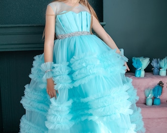 Vestido de bebé maxi tutú turquesa, vestido de niña de flores, vestido de dama de honor de boda de cumpleaños, vestido de baile de graduación, vestido largo hinchado de tul de menta