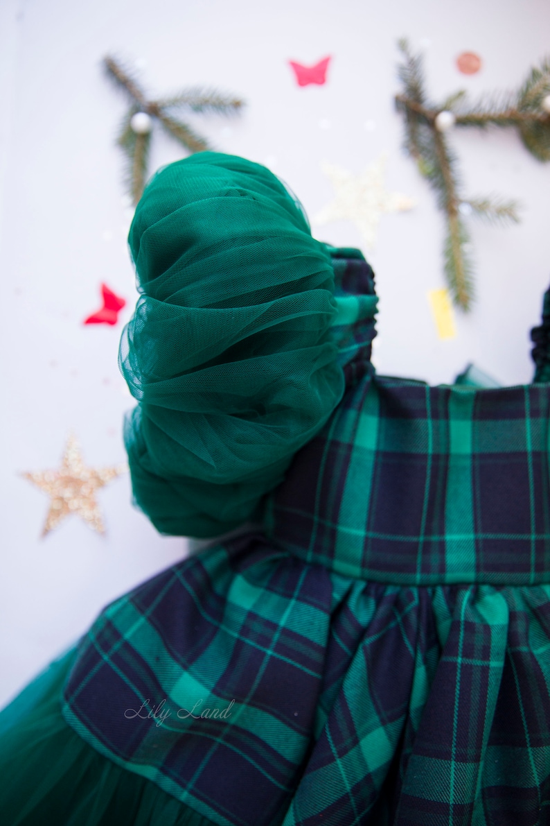 May include: A green plaid dress with a green tulle puff sleeve. The dress has a white background with the text "Lily Land" printed on the bottom.
